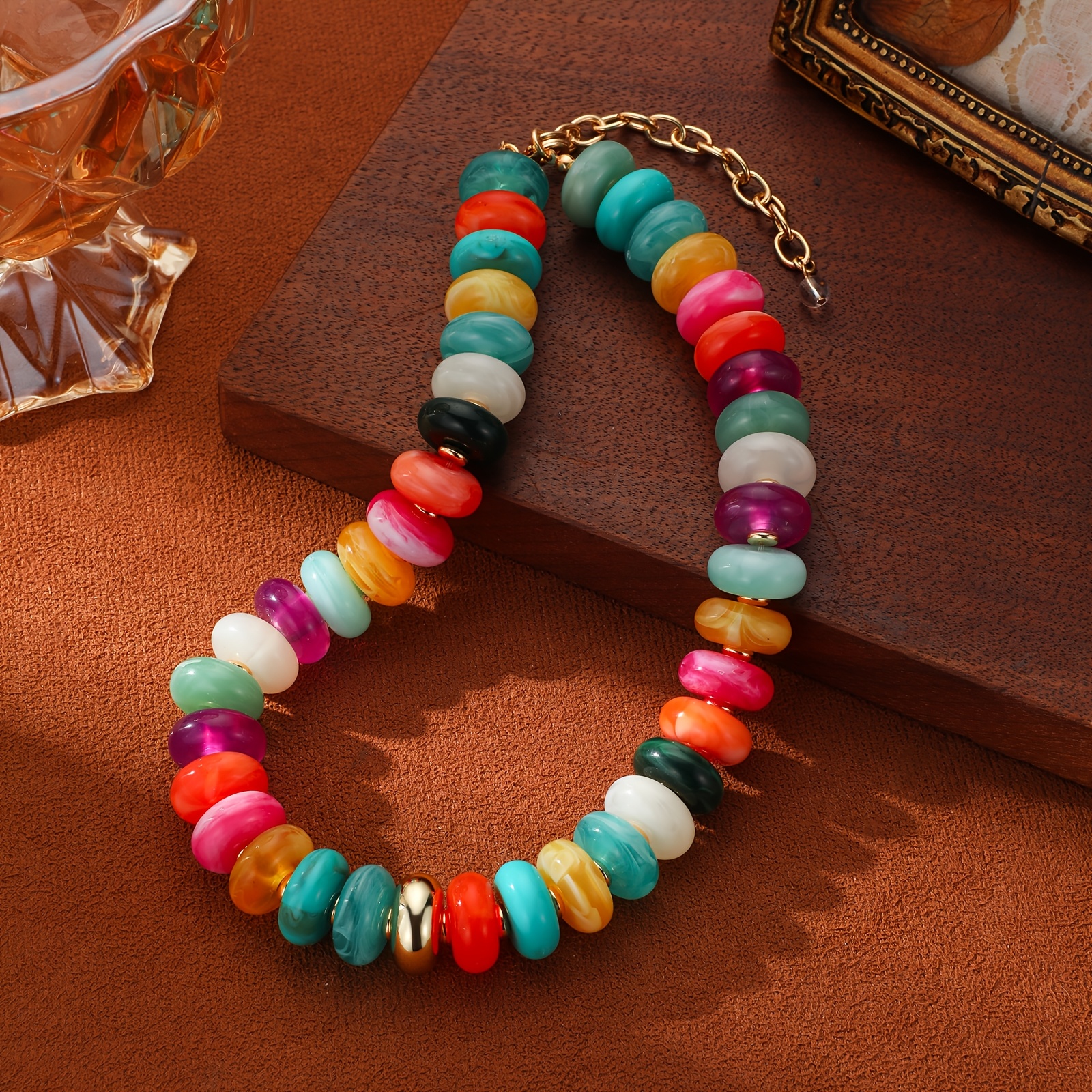 2D Flat Multicolor Marbled Resin Disc Choker Necklace, Boho Style